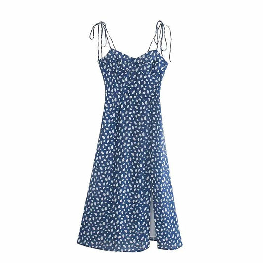 Shoulder lace up backless hem split mid length dress  7129