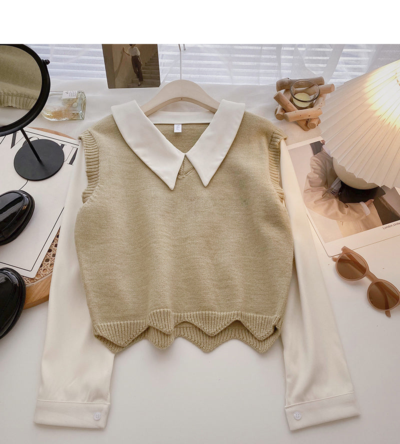 Long sleeve stitching design sense sweater gentle blouse  6499