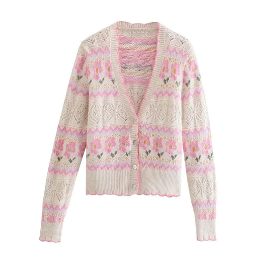 Nouveau pull-over tricoté à col en V en jacquard à fleurs creuses douces 7373