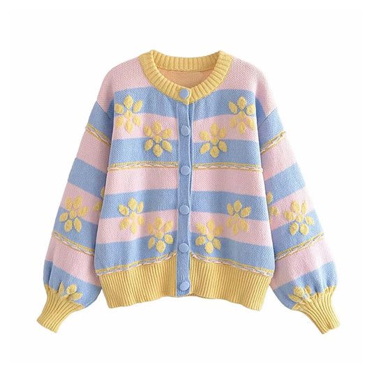 Cardigan en tricot jacquard imprimé de fleurs douces 7189