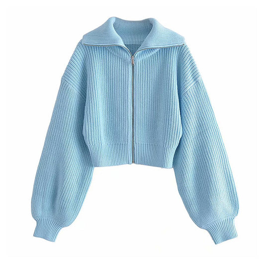 Pull col montant cardigan en tricot zippé manteau court 7345