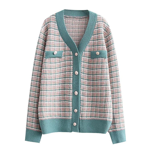 Pull ample à carreaux et col en V 7318