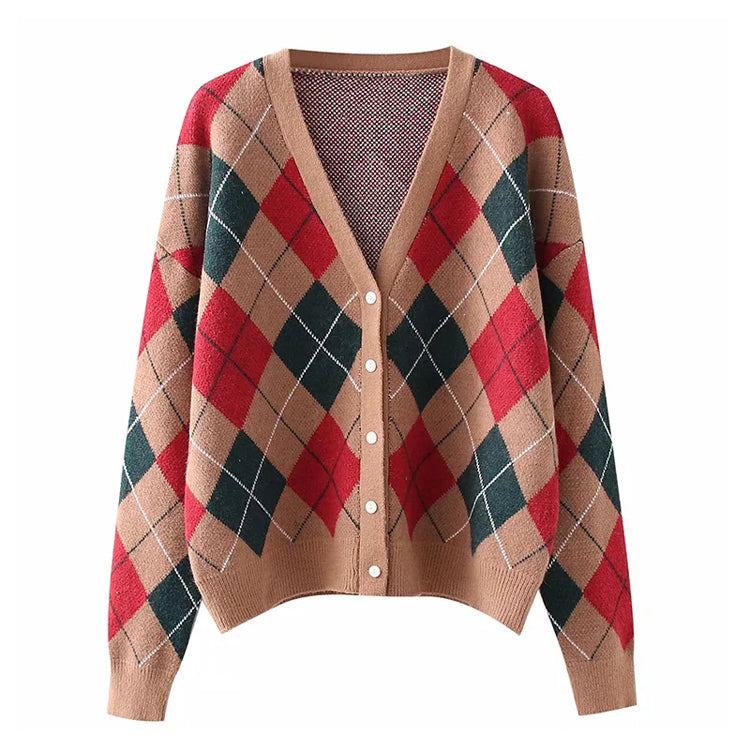Manteau cardigan ample en tricot à manches longues et col en V avec boutons à carreaux en losange 7362