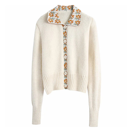 Nouveau pull cardigan tricoté à revers imprimé rétro de style étranger 7219