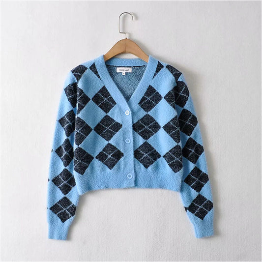 Manteau tricoté en treillis de diamant à col en V avec poils d'hippocampe minces et épais 7180