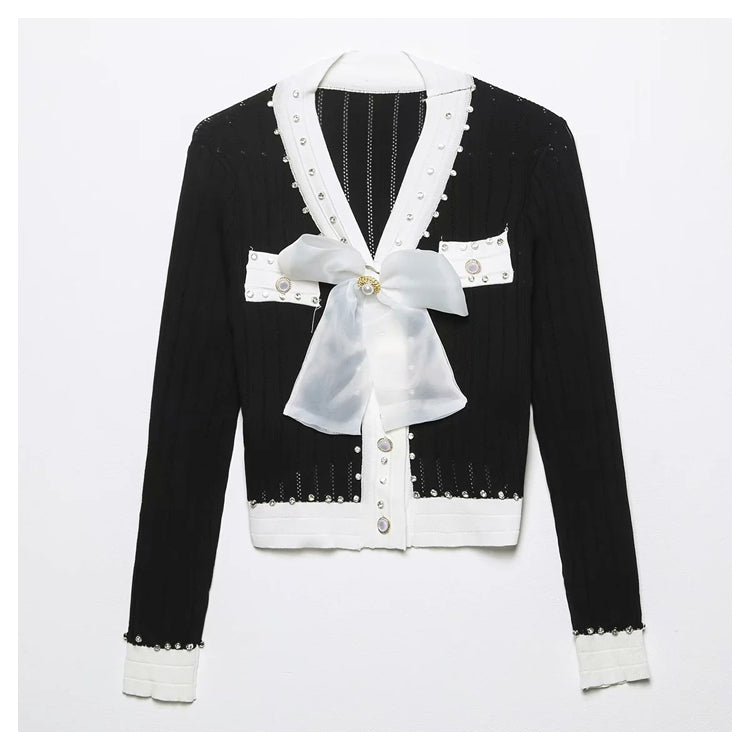 Xiaoxiangfeng V-neck heavy industry rivet bow knit cardigan  7294