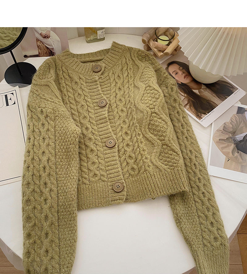 Single breasted round neck retro twist sweater female  6037