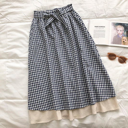 Retro literary small Plaid stitching design bow high waist skirt  5676
