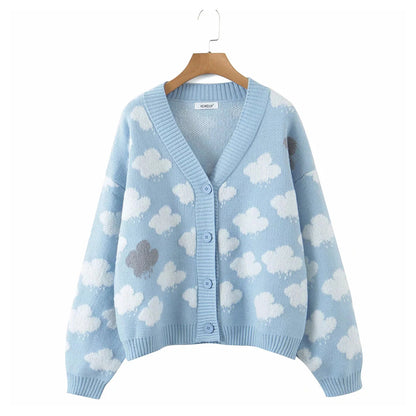 Süßer alternder Jacquard-Strickcardigan mit Wolken und V-Ausschnitt 7312