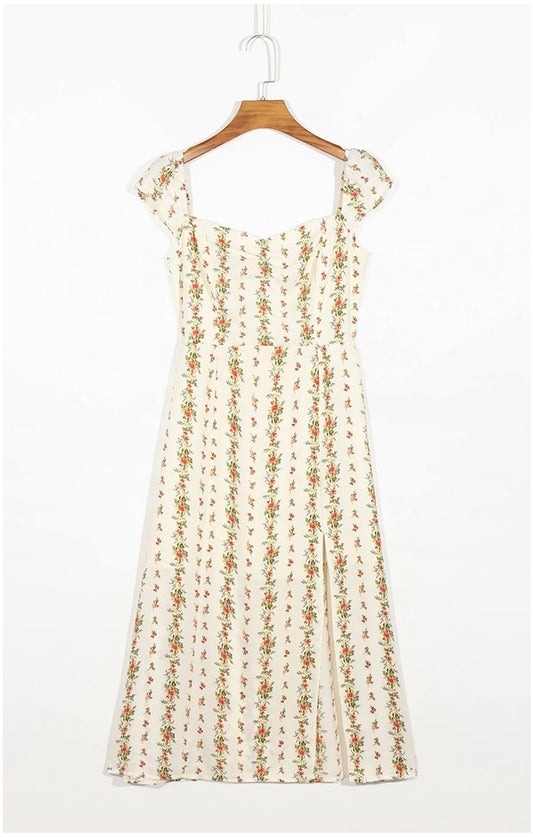 Ruffle floral print split strap Knee Length Dress  7098
