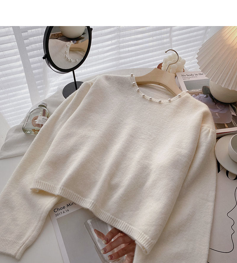 Pull ample à col ras du cou avec perles et clous au design vintage, mode 6579