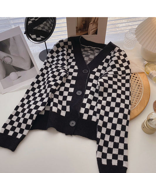 Haut à manches longues à damier contrasté au design de niche 5875