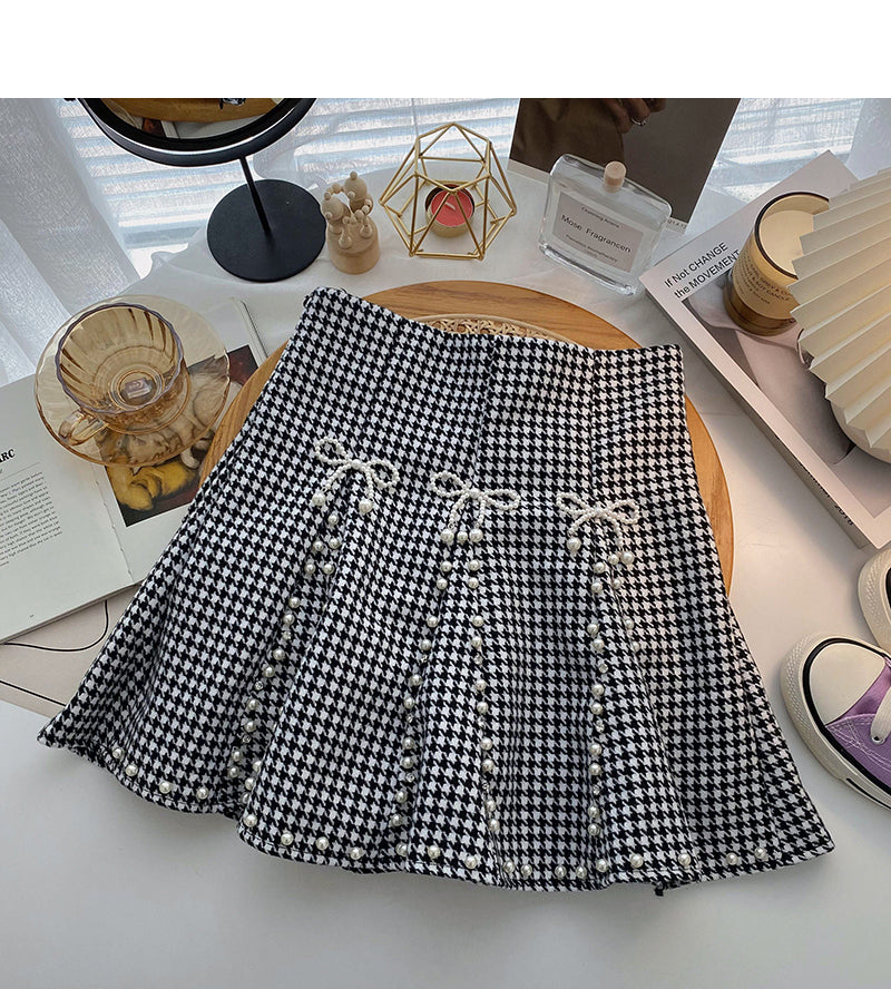 Design sense nail bead a-word high waist slim fashion thousand bird check short skirt  5512