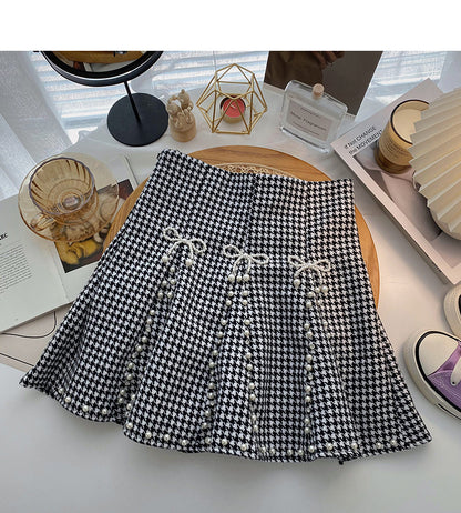 Design sense nail bead a-word high waist slim fashion thousand bird check short skirt  5512