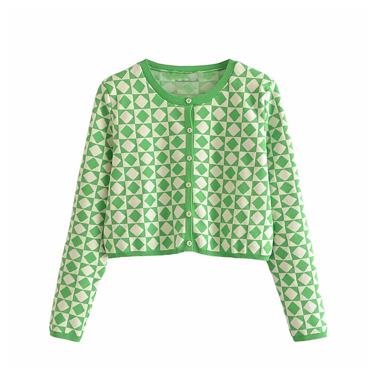 Süßer schmaler Jacquard-Strick-Cardigan mit Rautenmuster 7261