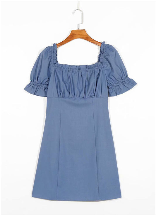 New style square neck waist fold Hepburn style bubble sleeve skirt  7075