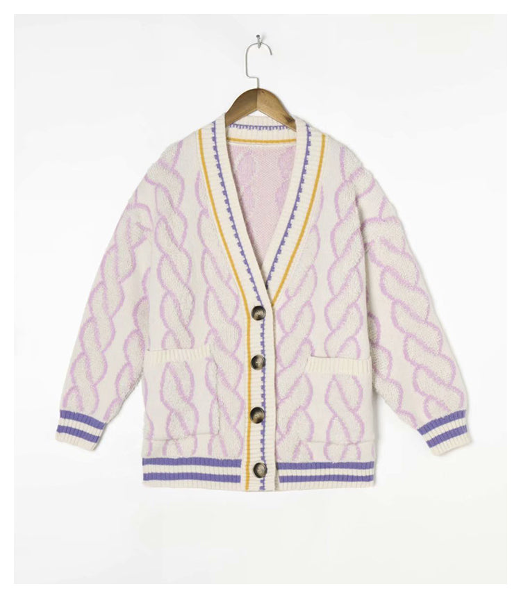 V-neck knitted cardigan autumn casual color matching twist sweater coat  7260