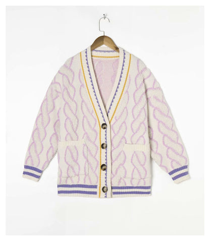 V-neck knitted cardigan autumn casual color matching twist sweater coat  7260