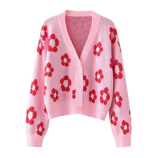 Nouveau cardigan tricoté en jacquard fleuri à col en V de style paresseux japonais 7295