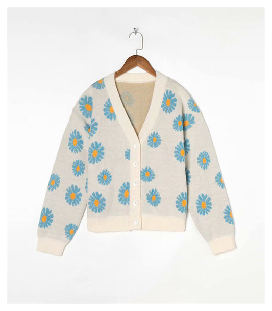 Cardigan tricoté à col en V imprimé pour femme Manteau pull paresseux rétro 7277