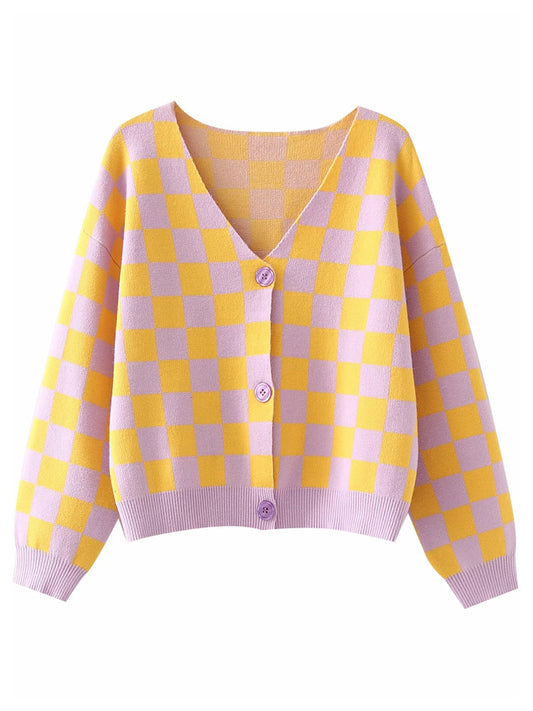 Nouveau cardigan décontracté en tricot à carreaux contrastés 7240