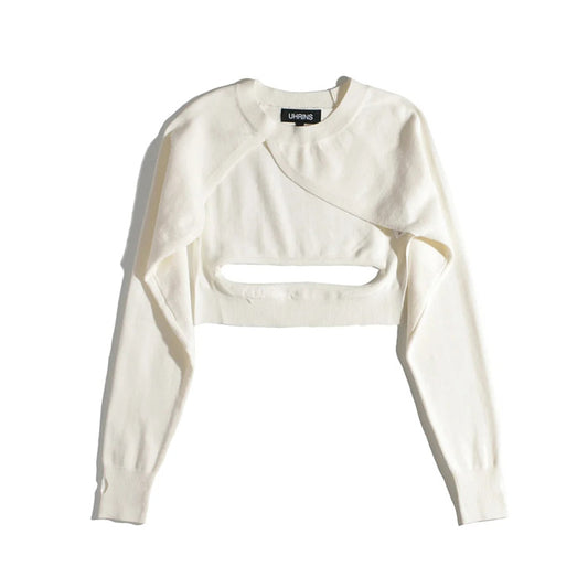 Pull-over en tricot creux à col rond rétro de petite taille de couleur unie 7244