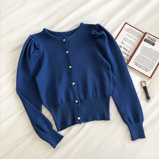 Cardigan tricoté à simple boutonnage et manches bouffantes pour femme 6498