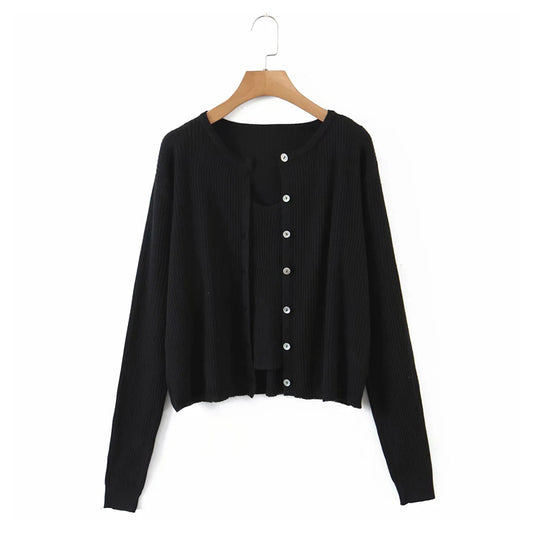 Ensemble deux pièces t-shirt à bretelles à col en V et cardigan à manches longues boutonné 7275