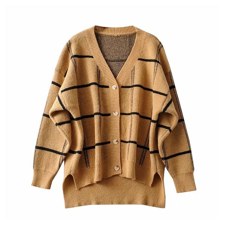 Nouveau manteau cardigan en tricot à carreaux contrastés à col en V paresseux 7305