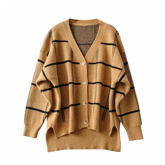 Nouveau manteau cardigan en tricot à carreaux contrastés à col en V paresseux 7305