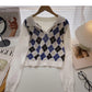 Plaid long sleeve sweater small short Pullover Top  6653