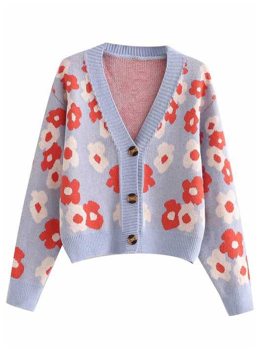 Haut cardigan ample en tricot fin à col en V avec boutons et fleurs en jacquard 7276