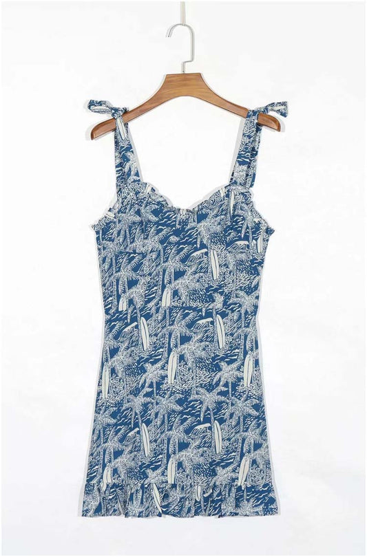 Vintage sexy V-neck open collarbone print split dress  7135