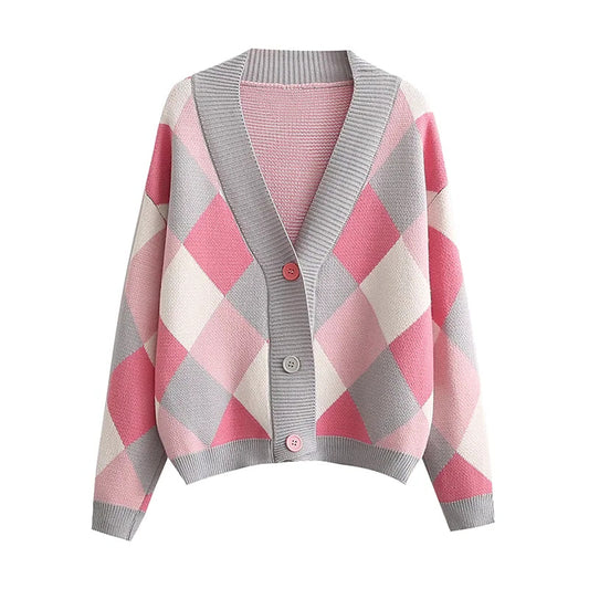 Pull cardigan décontracté en tricot à carreaux diamantés avec col en V et boutons 7360