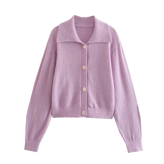 Pull à manches longues en tricot uni à revers polyvalent 7356