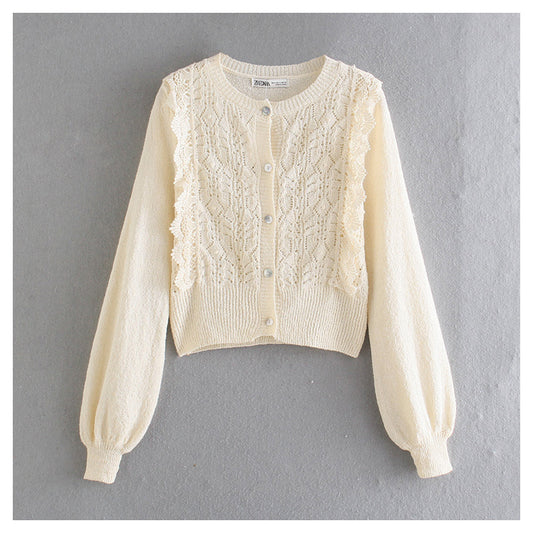 Pull cardigan vintage en tricot à boutons et à volants avec col ras du cou ajouré 7366