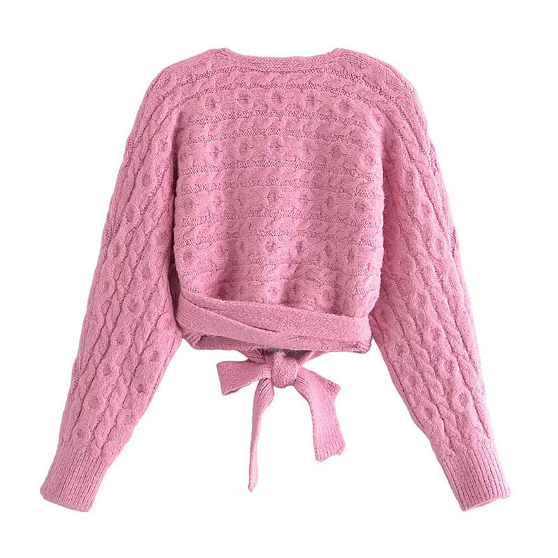 Fashion V-neck eight strand knitted sweater bandage knitted coat  7178