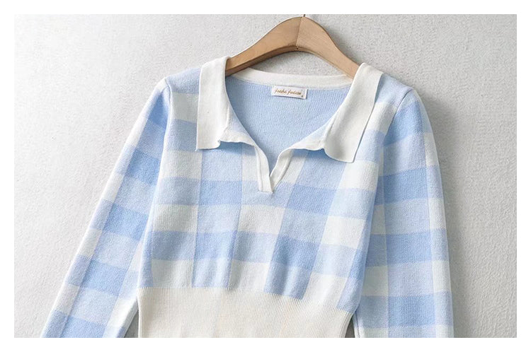 Vintage chessboard Plaid Polo neck T-shirt  7394