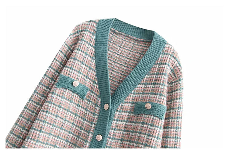 Cardigan tricoté français xiaoxiangfeng col en V pull ample à carreaux 7361
