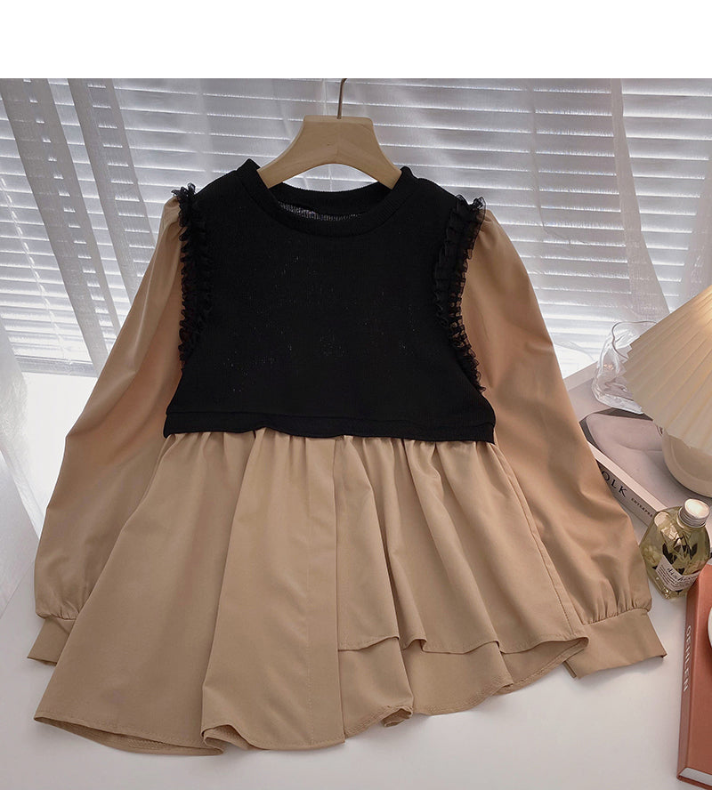 Korean lace knit stitched long sleeve irregular thin top  6314