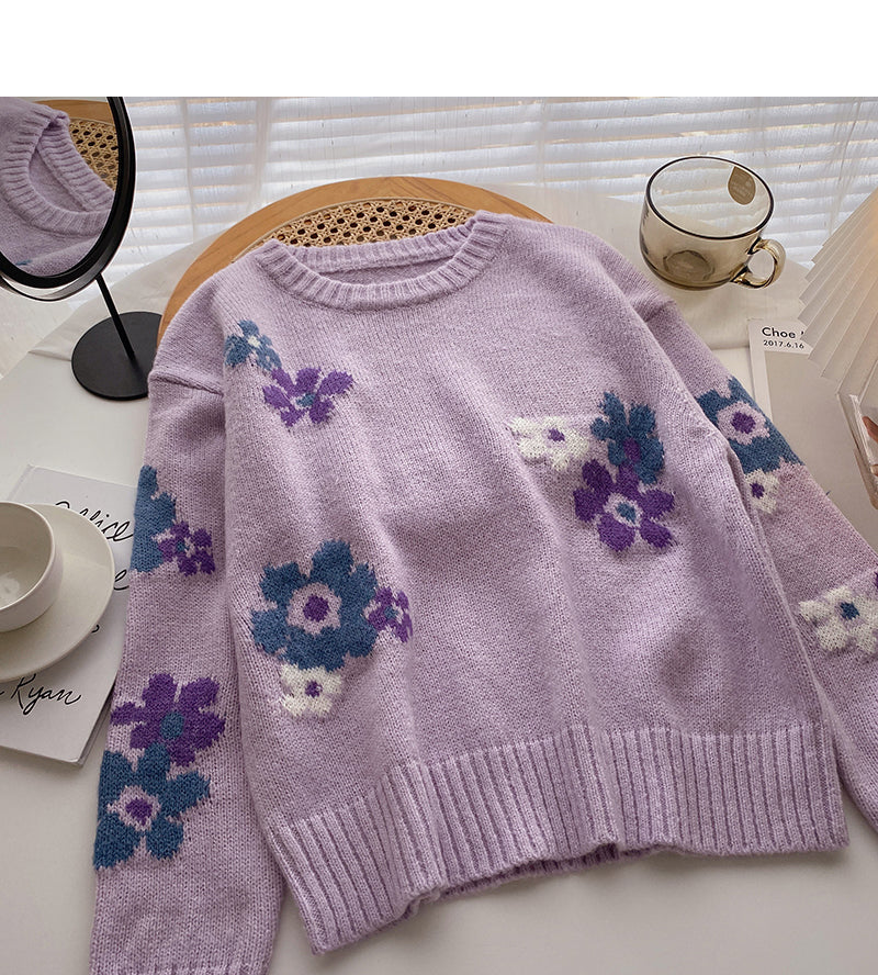Sweet floret jacquard design loose long sleeve top  5898