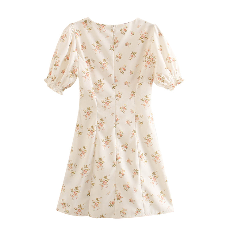 French Floral Vintage square neck bubble sleeve dress skirt  7038