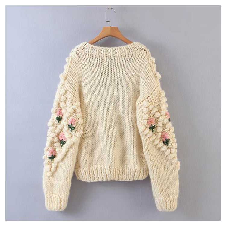 Three dimensional flower hook woven lantern sleeve cardigan sweater coat  7320