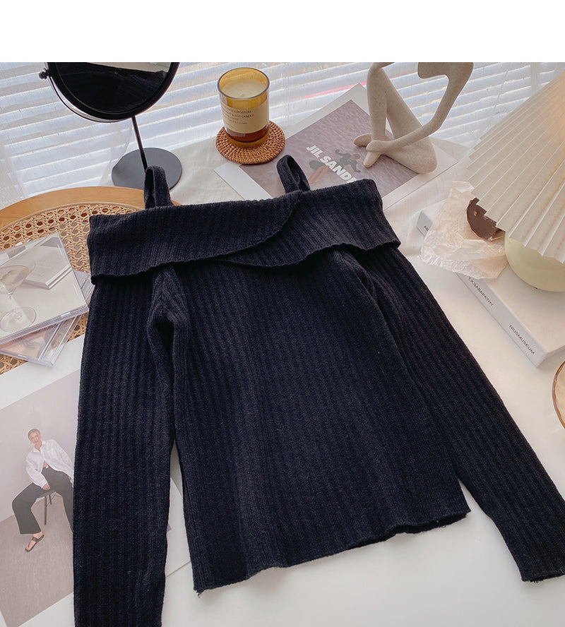 Straight neck irregular thin suspender long sleeve sweater  6444