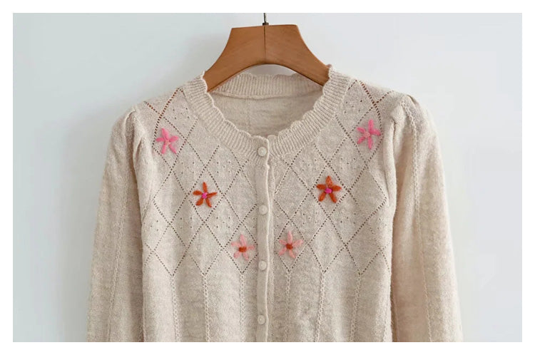 Embroidered breasted long sleeved knitted cardigan  7251