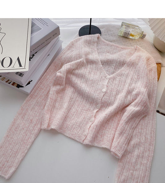 Petit cardigan coréen en tricot à manches courtes et col en V 6493