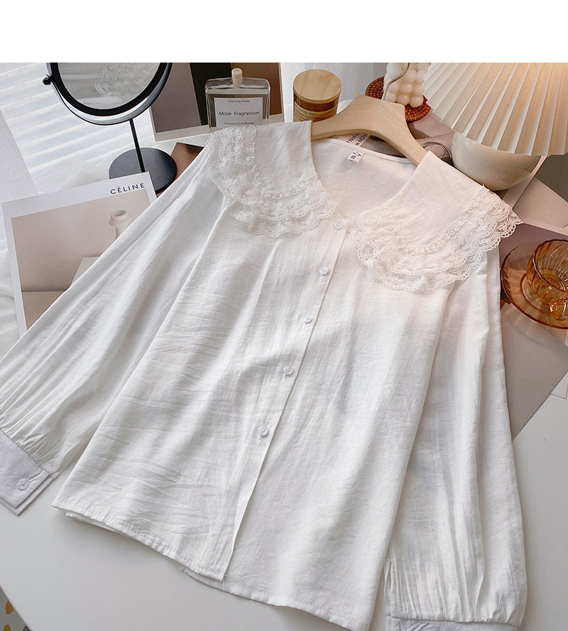 Baby collar lace edge solid color shirt slim long sleeve top  6385