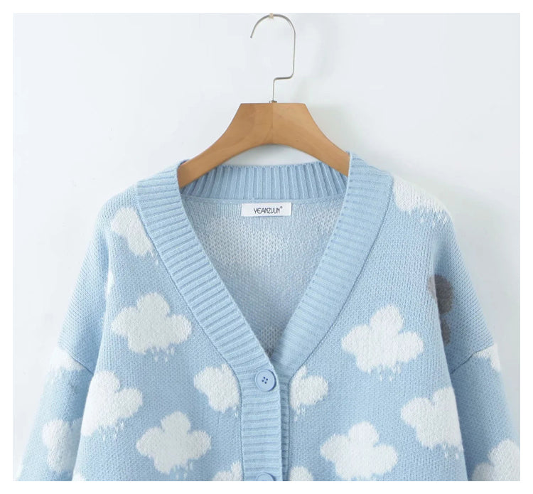 Süßer alternder Jacquard-Strickcardigan mit Wolken und V-Ausschnitt 7312