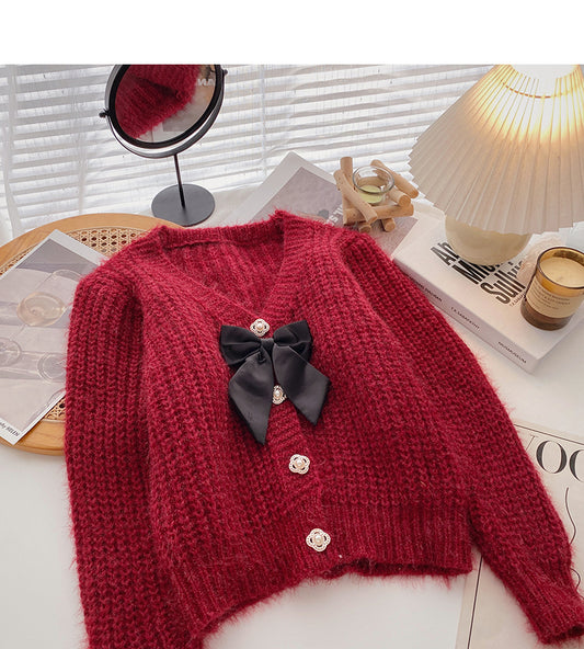 Manteau pull français vintage à col en V et boutonnage simple 6182