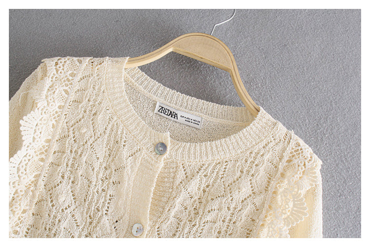 Vintage hollow out crew neck Ruffle button knit cardigan sweater  7366